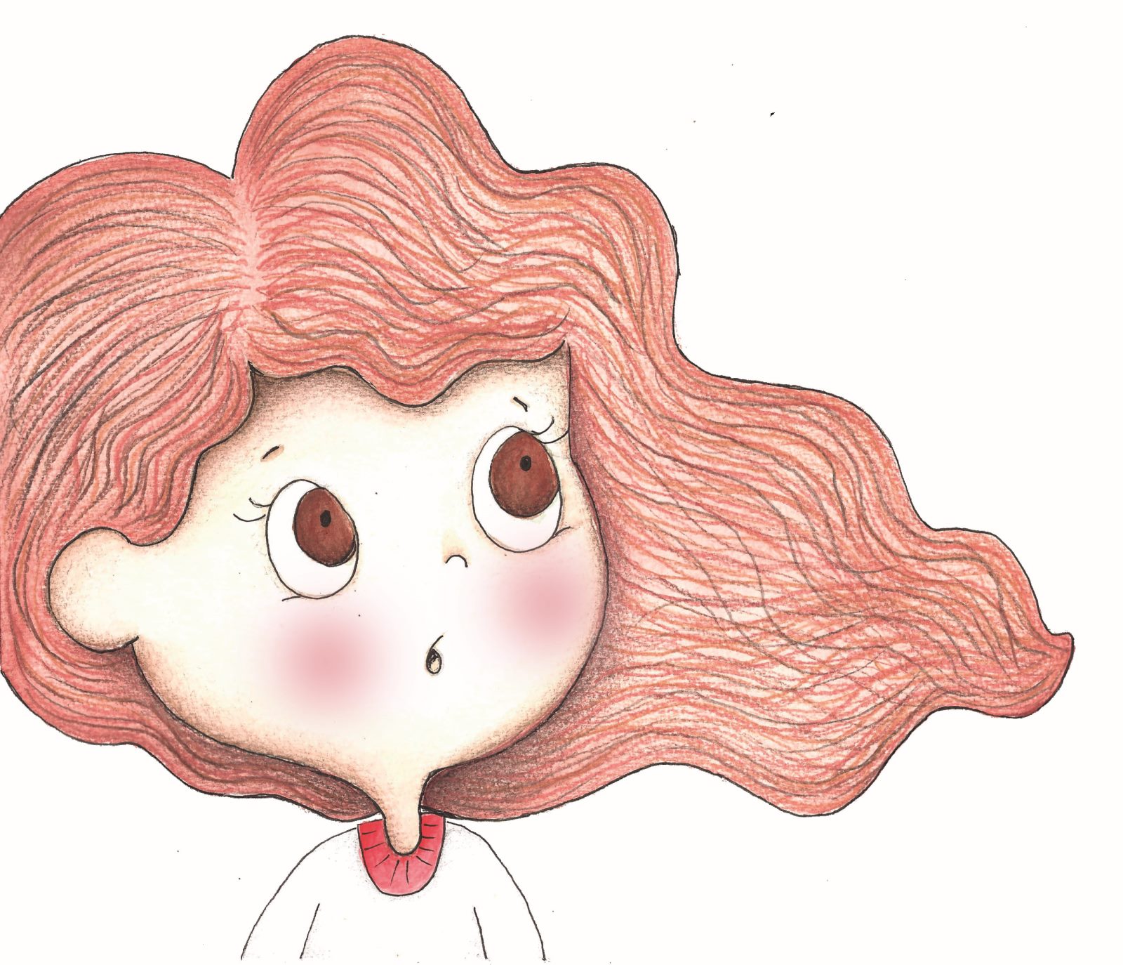 Uma menina de grandes cabelos ruivos ondulados e bochechas rosadas olha para cima, curiosa e de boca entreaberta