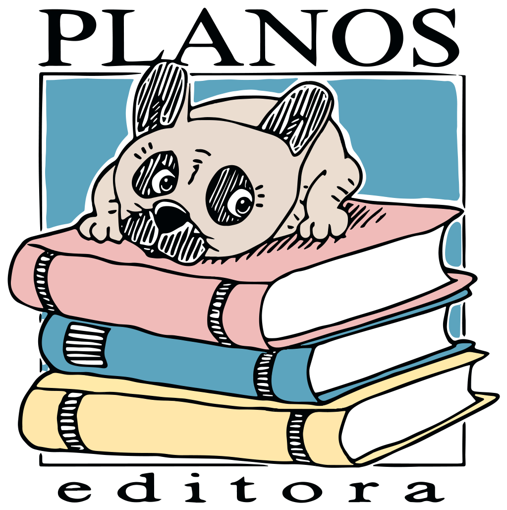 Logo da Planos Editora: um gato deitado sobre uma pilha de livros